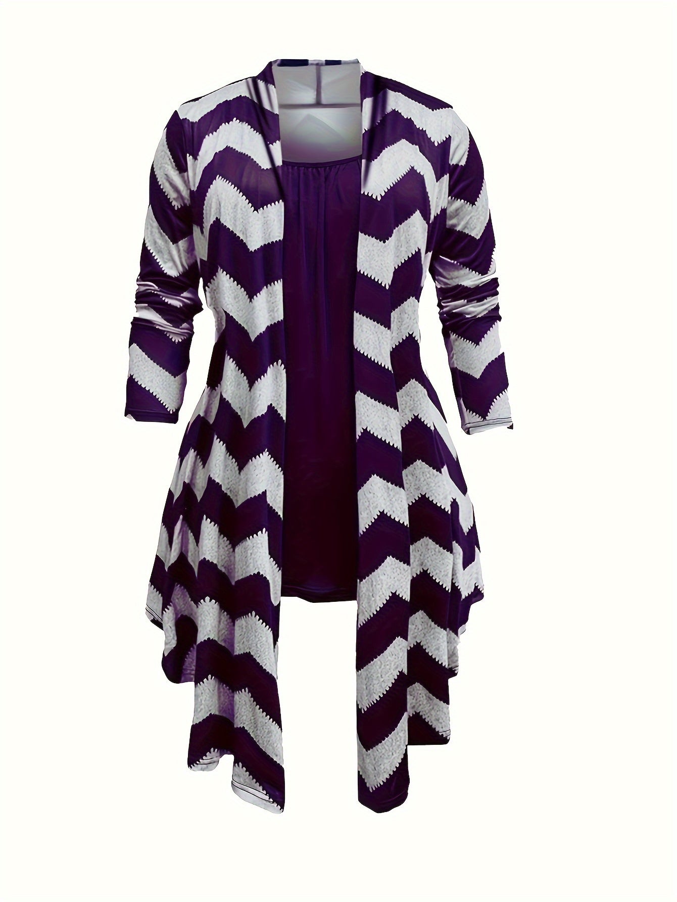 Three Piece Women's Plus Size Casual Outfits Set - Wave Trim Long Sleeve Coat, Cami Top, And Leggings - Stylish And Comfortable