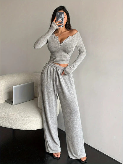 Casual And Comfortable Gray Pajamas And Pants, 2pcs Set of Women'S Spring Autumn Winter Long Sleeve Open Top Pajamas, V-Neck Button-Up Top And Wide Leg Pants Design, Suitable for Home Leisure And Daily Street Scenes