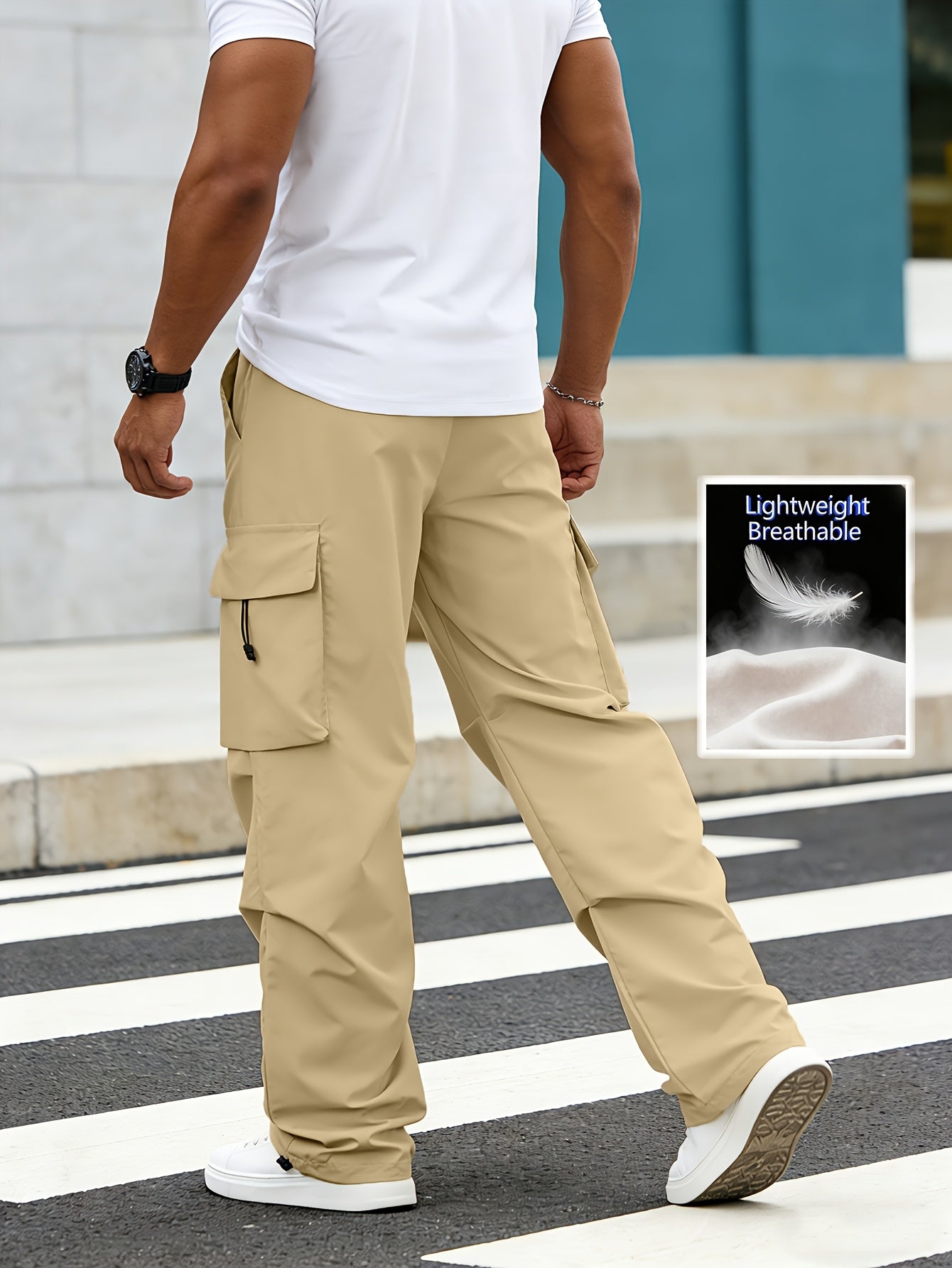 Lightweight Breathable Cargo Trousers for Men, Featuring an Elastic Waistband with a Drawstring, Loose Wide Legs, Multiple Pockets, And Quick-Dry Fabric, Ideal for Outdoor Hiking, Streetwear, Everyday Use, And All-Season Fashion
