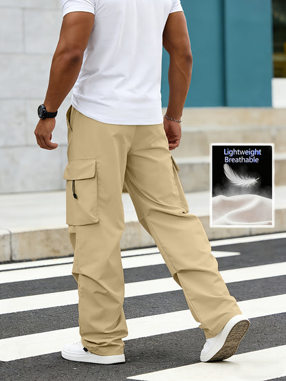 Lightweight Breathable Cargo Trousers for Men, Featuring an Elastic Waistband with a Drawstring, Loose Wide Legs, Multiple Pockets, And Quick-Dry Fabric, Ideal for Outdoor Hiking, Streetwear, Everyday Use, And All-Season Fashion