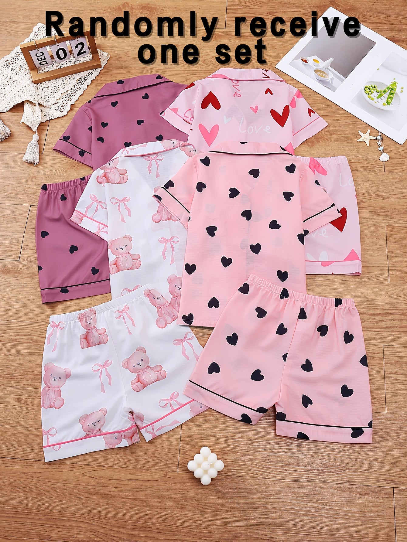 Random 1 Set!Girls' Lapel Pajama Set, Short-Sleeve Top And Elastic-Waist Shorts, Taro Purple Hearts, Light Pink Hearts, White with Teddy Bears And Bows, Pink with Black Hearts. Soft, Skin-Friendly Bubble Crepe for Cozy Home Wear