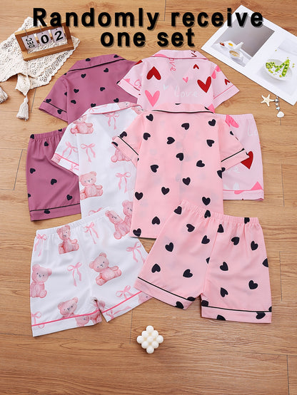 Random 1 Set!Girls' Lapel Pajama Set, Short-Sleeve Top And Elastic-Waist Shorts, Taro Purple Hearts, Light Pink Hearts, White with Teddy Bears And Bows, Pink with Black Hearts. Soft, Skin-Friendly Bubble Crepe for Cozy Home Wear