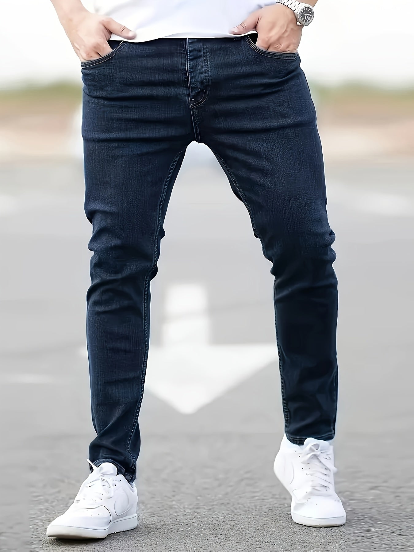 3pcs Men's Slim Fit Jeans - Heavy- Washed Streetwear Pants Suitable for All Seasons, Stretchable Basic Style with Washed, Year-Round Wear for Casual & -Casual Outfits
