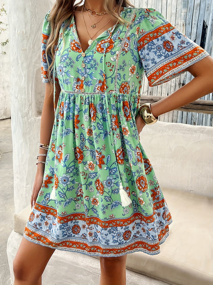 ZAFUL Summer Women's Dress, Women's Fashion New Elegant Romantic Bohemian Style Long Dress, Women's Fashion Deep V-neck Princess Sleeve Design, Fluffy High Waist Tassel Dress, Fashion Holiday Dress