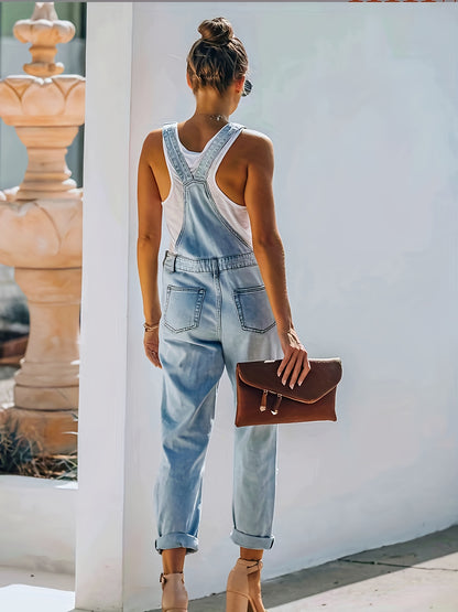 Women'S Blue Denim Overalls Featuring Adjustable Straps, Distressed Accents, And Pockets - a Stylish Backless Jumpsuit Perfect for Gatherings And Outings, Ideal for Outdoor Activities | Rigid Denim Fabric
