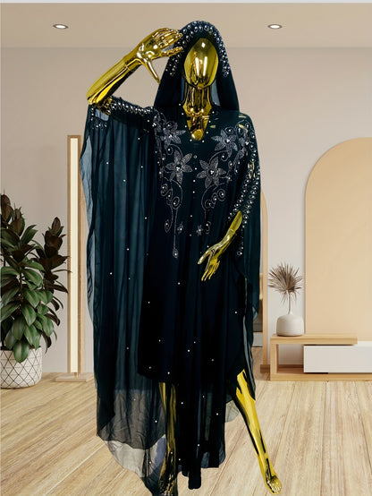 Chic Rhinestone Wrap for Women Featuring Trumpet Sleeves - A Loose-Fitting Long Cape Inspired by Middle Eastern Styles, Adorned with Semi-Sheer Pearls And Crystals, with a Split Hem Perfect for Summer Weddings And Formal Occasions