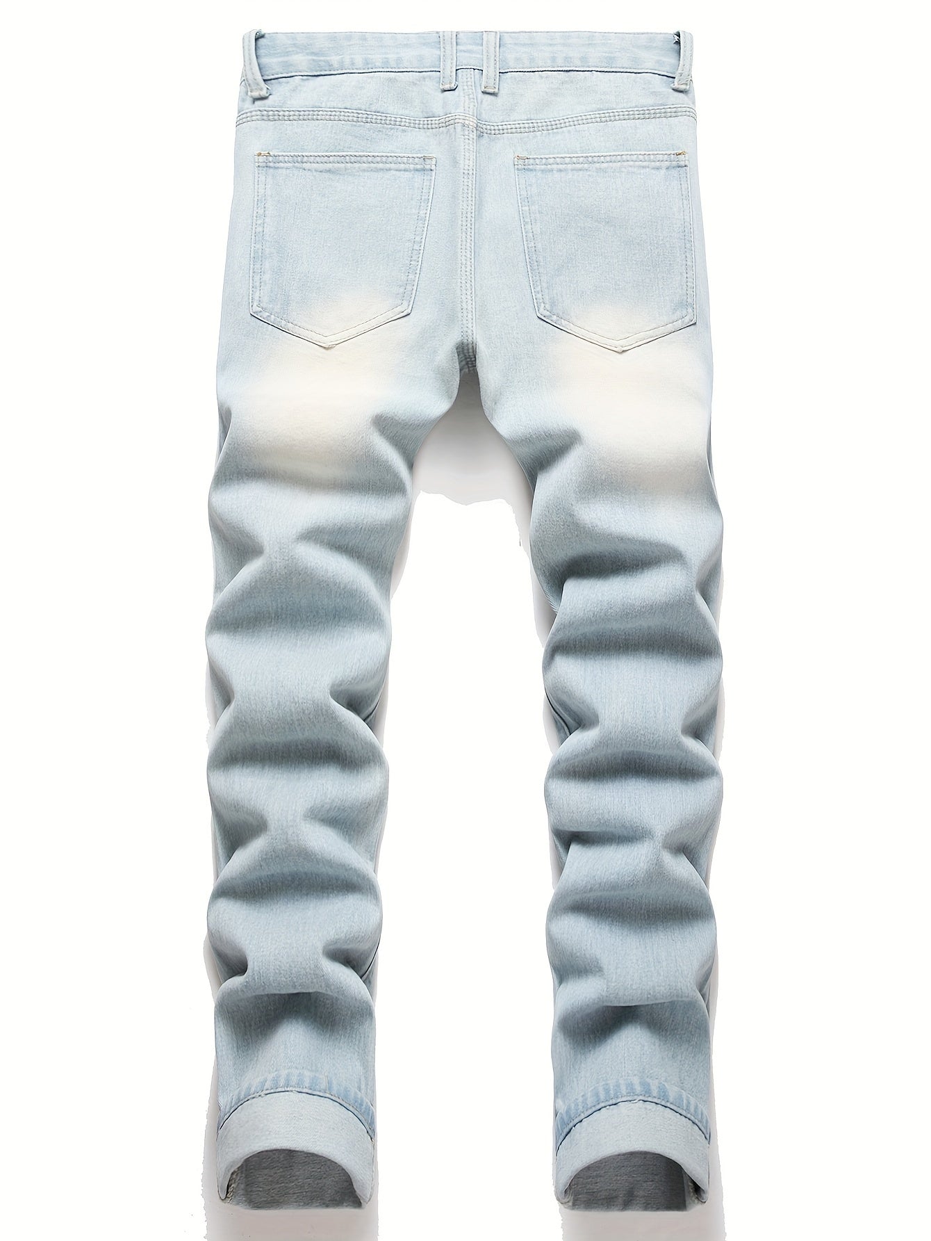 Men Ripped Frayed Bleach Wash Jeans Casual Slim-fitting Denim Menswear