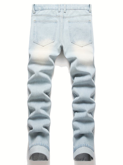Men Ripped Frayed Bleach Wash Jeans Casual Slim-fitting Denim Menswear