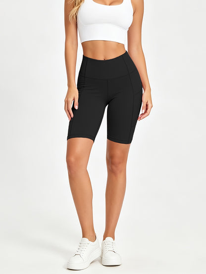 5pcs Women's Elasticated Yoga Shorts with Pockets, High-waisted for Abdominal Support, Suitable for Exercise, Running And Cycling, Sweat-absorbing Elasticated Cycling Pants, Training And Running 5pcs Yoga Shorts
