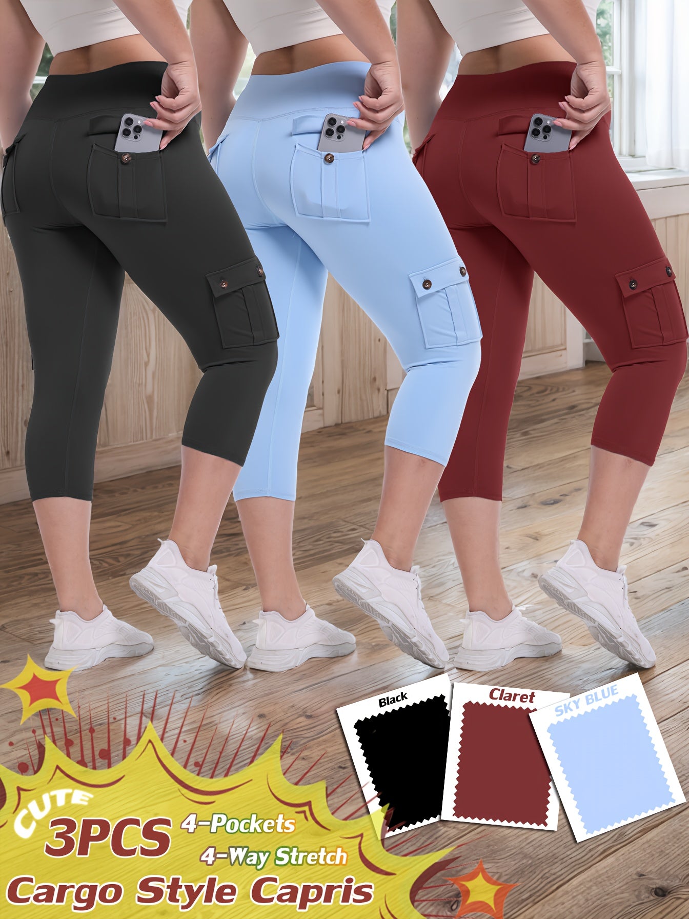 3-packs High Waist Yoga Capri Pants 3pcs Capri Pants Set, 4 Way Stretch Butt Lifting Tummy Control, 4 Button Pockets Workout Running Sports Pants