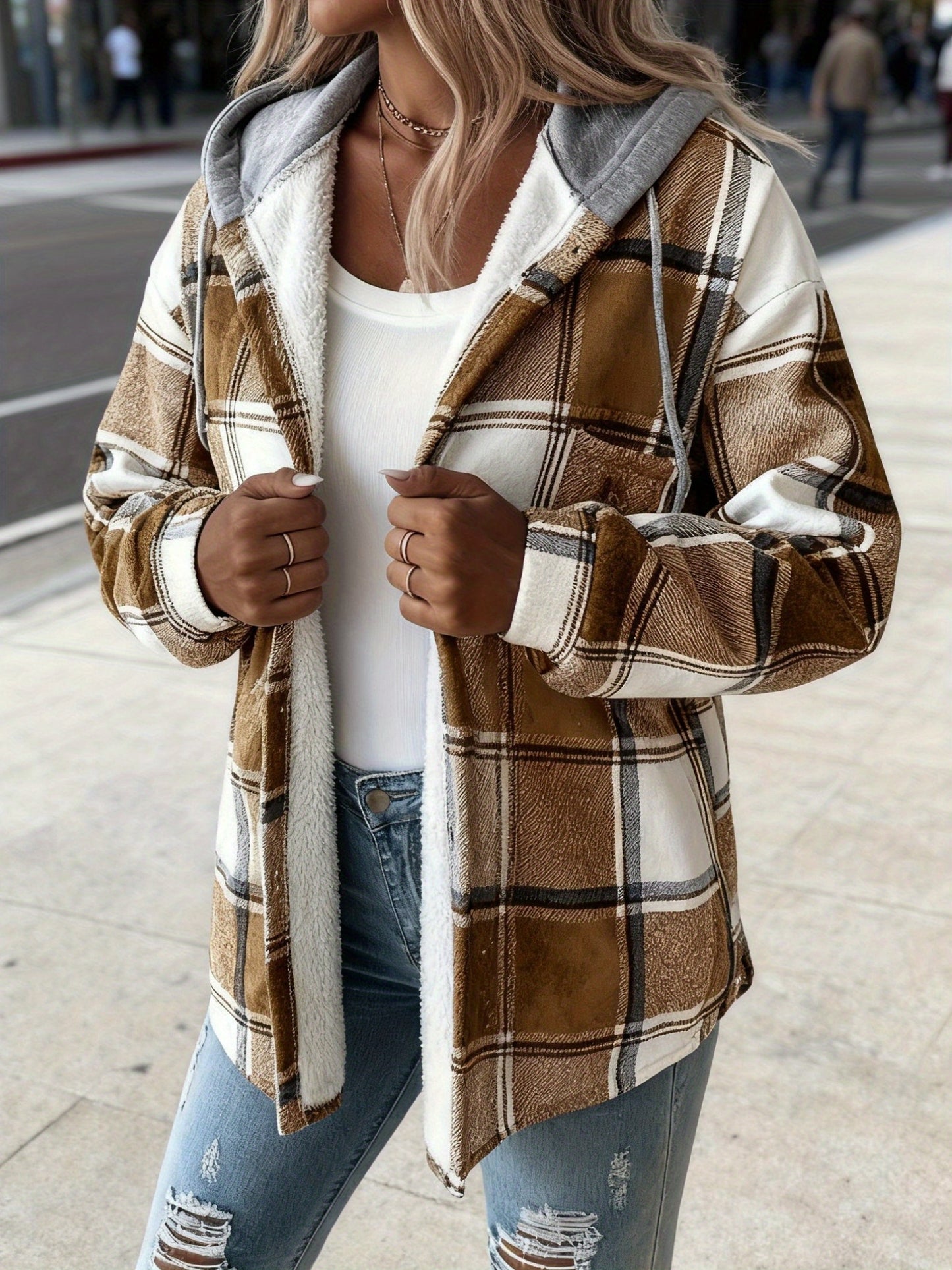 Plaid Hooded Jacket for Women Featuring a Lining, Perfect for Chilly Fall And Winter Days. It Has an Adjustable Hood And a Button-Front Closure, And Is Machine Washable. Available in Brown, Beige, White, And Black