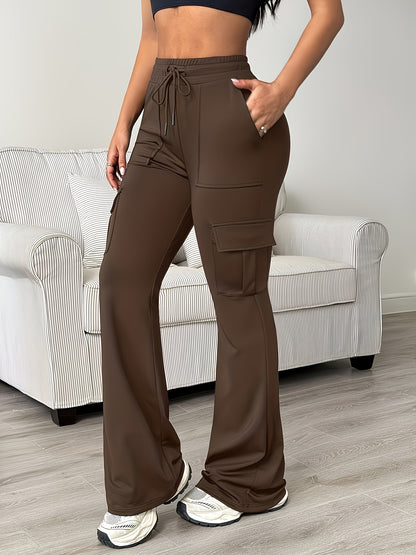Women'S Functional Flare Cargo Pants, High Waist Elastic Drawstring Bootcut Leggings With Multi-Pockets, Stretchy All-Purpose & Casual Pants