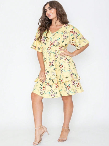 Vintage Boho Navy Pink Yellow White Charcoal Floral Ruffle flutter Trim Midi Dress S-3X