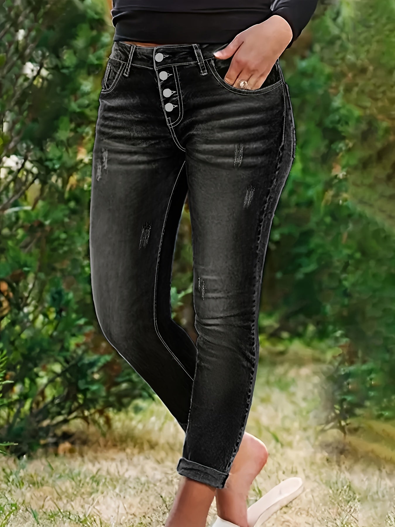 Plus Size Women's High Waist High Elastic Blue Distressed Denim Skinny Pants - Front Row Buttons, Rolled Hem, Retro Casual Oversized Comfort Trousers