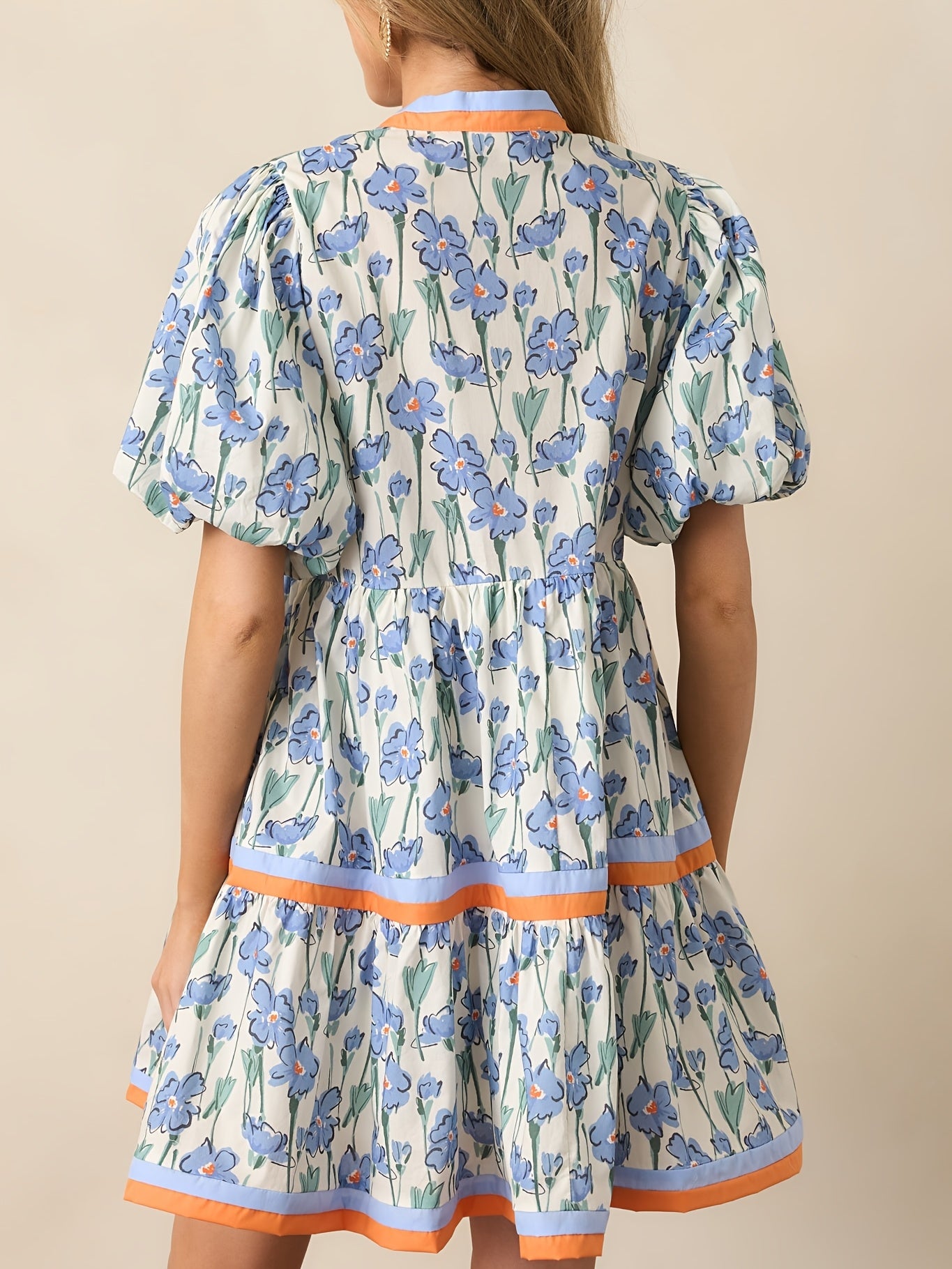 Women'S Summer Floral Mini Dress, Puff Sleeve Short Sleeve V-Neck Loose Bohemian Style Beach Dress, Floral Print
