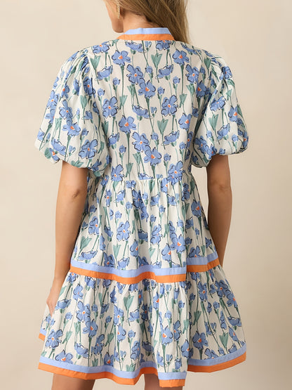 Women'S Summer Floral Mini Dress, Puff Sleeve Short Sleeve V-Neck Loose Bohemian Style Beach Dress, Floral Print