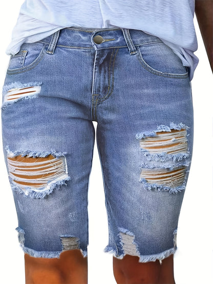 Women's High-Stretch Distressed Ripped Raw Hem Bermuda Denim Shorts - Casual Machine-Washable Mid-Length Denim Shorts for Spring/Summer, Comfort Fit & Casual Attire, Shorts Jeans, Stylish Summer Wear, Durable Fabric