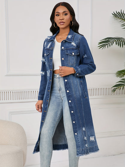 Long Ripped Denim Jacket with Real Pockets, Casual Windbreaker