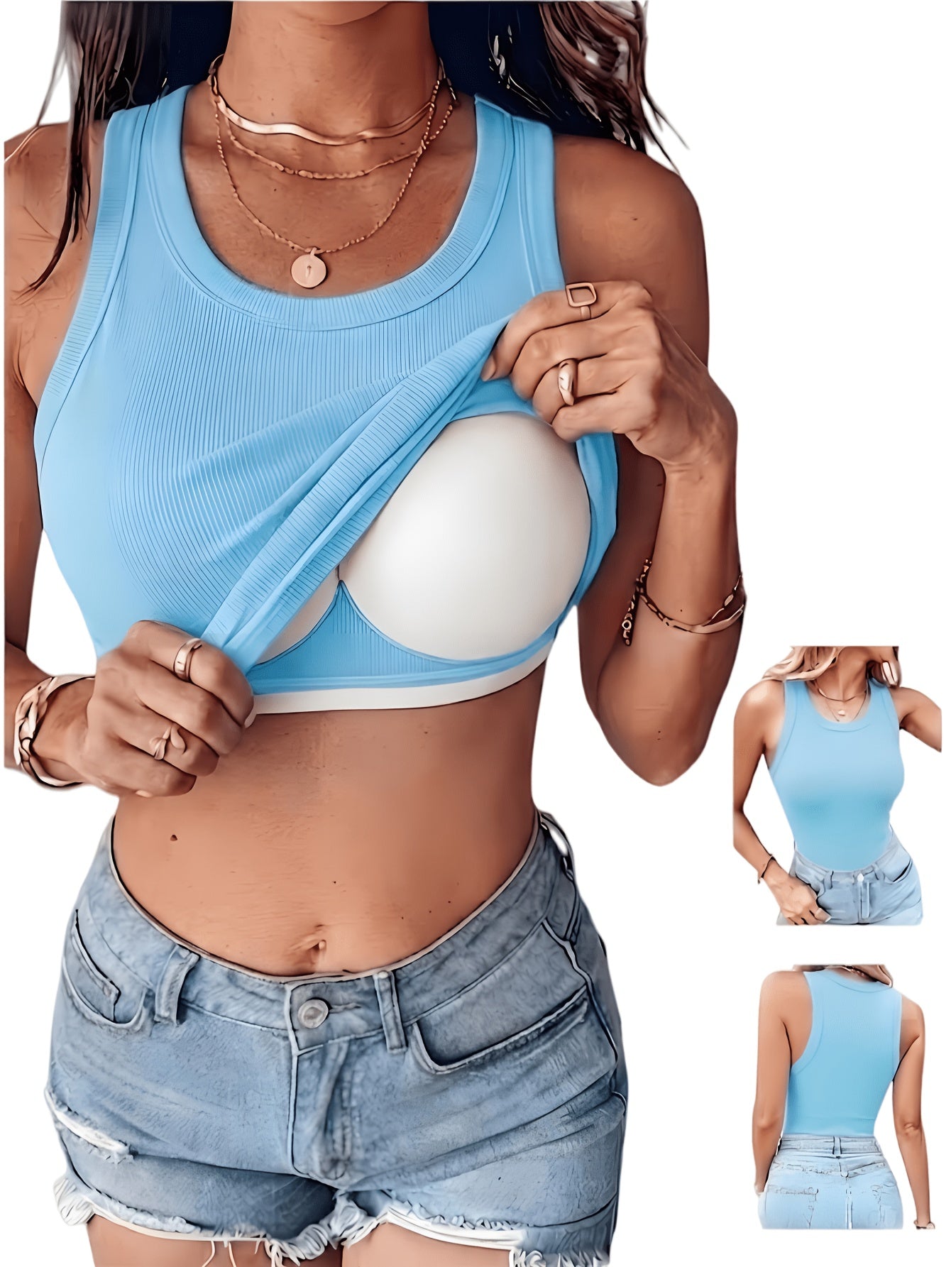 Women'S Padded Ribbed Vest-Seamless Sports Crop Top, with Underwear And Detachable Chest Pad, Breathable Yoga Fitness Base Shirt