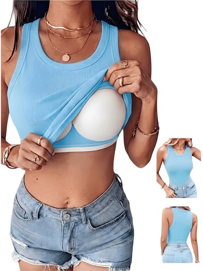 Women'S Padded Ribbed Vest-Seamless Sports Crop Top, with Underwear And Detachable Chest Pad, Breathable Yoga Fitness Base Shirt