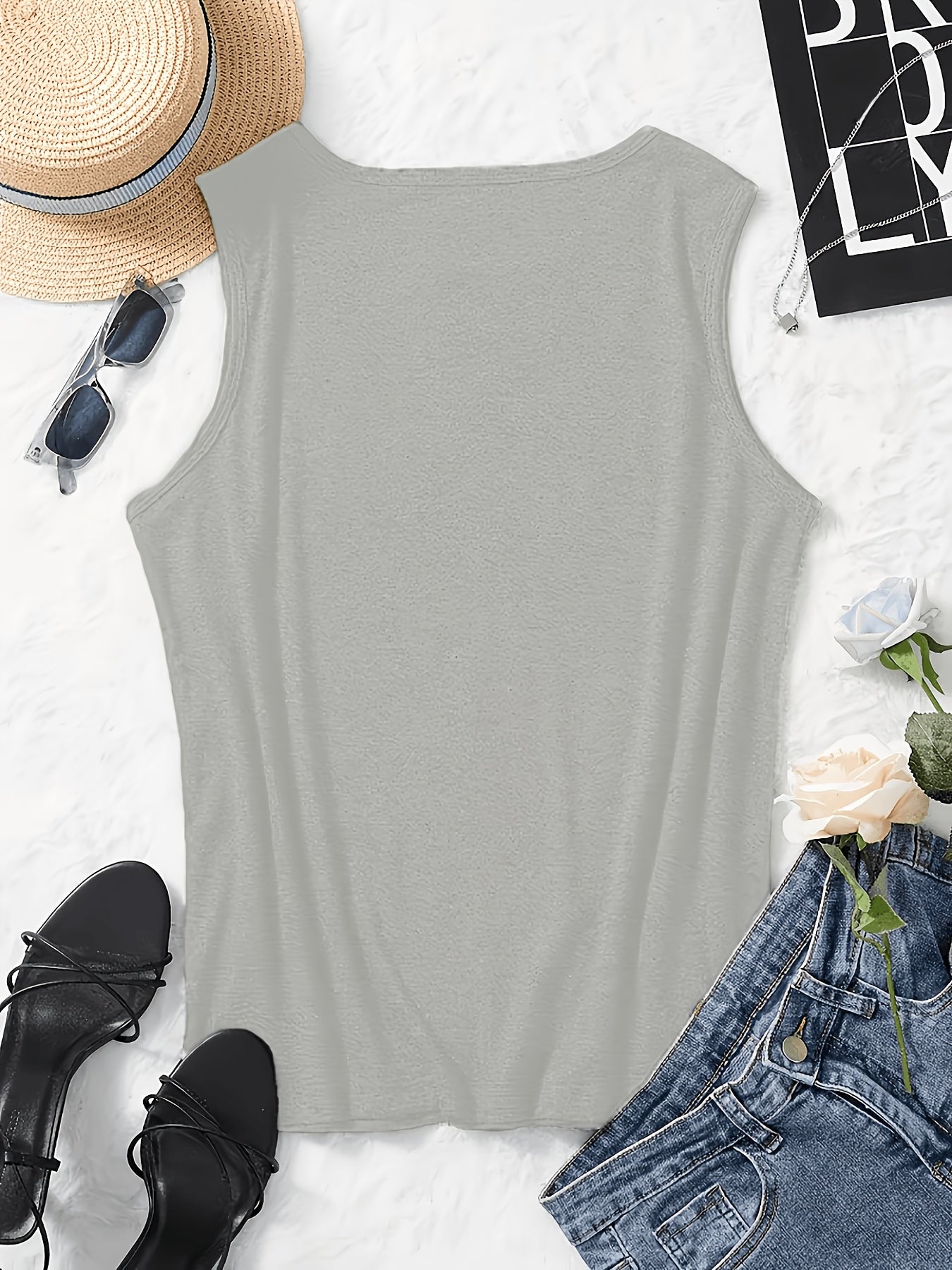 Plus Size, 1pc Plus-Size Women's Sleeveless Tank Top with Mantis Print Round Neck Stretchy Shirt - Non-Transparent Casual Casual Attire Suitable for All Seasons, Spring/Summer Layering Piece, Machine Washable Gift for Curvy Women (No)