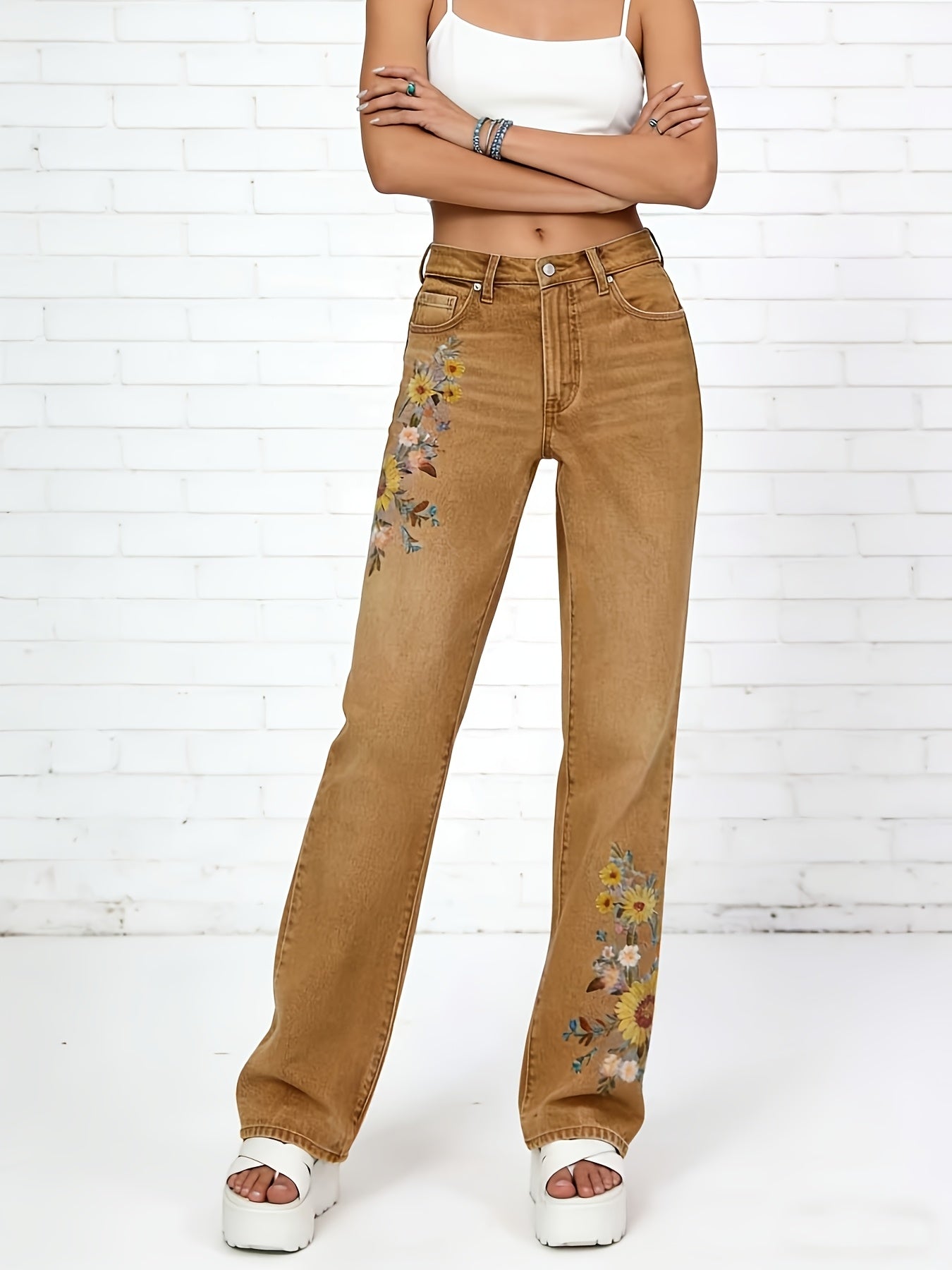 Women's High-Waisted Light Wash Jeans - Stretch Straight Pants with Beltless, Machine-Washable Casual Wear Suitable for Seasons