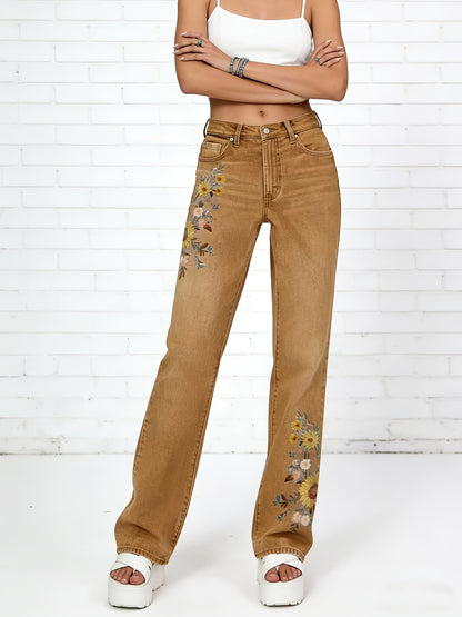 Women's High-Waisted Light Wash Jeans - Stretch Straight Pants with Beltless, Machine-Washable Casual Wear Suitable for Seasons