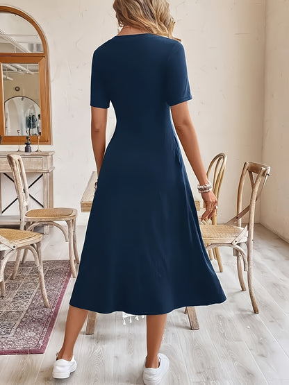 Elegant Solid Midi Dress - Fashionable Round Neck, Short Sleeves with Pockets, Stretch Polyester, A-Line Silhouette, Machine Washable - Suitable for Work or Casual Outings
