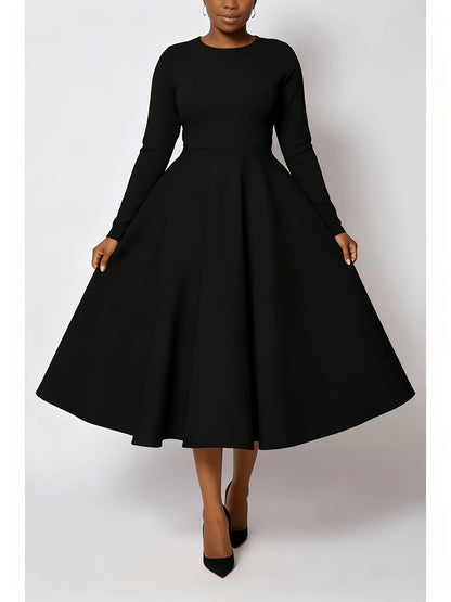 Plus Size - Plus Size Women'S Solid Color Round Neck Long Sleeve Back Pleated Flared Dress Autumn And Winter Elegant Long Dress