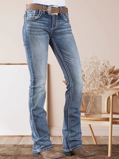 HME Autumn/Winter New Arrival - Women's Stretch Flared Fashion Pants with Contrast Stitching and Embroidery, Stylish and Elegant Classic Vintage Blue, Suitable for All Seasons, Women's Long Pants, No Belt Included