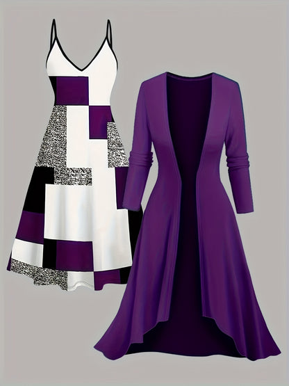 Two-piece Dress: Simple And Fashionable Printed Top Paired With A Collision Long Coat, Elegant Two-piece Suit, Women'S Dresses, Collision Women'S Dresses, Women'S Elegant Dresses, Women'S Dresses, Tiffany Size Dresses