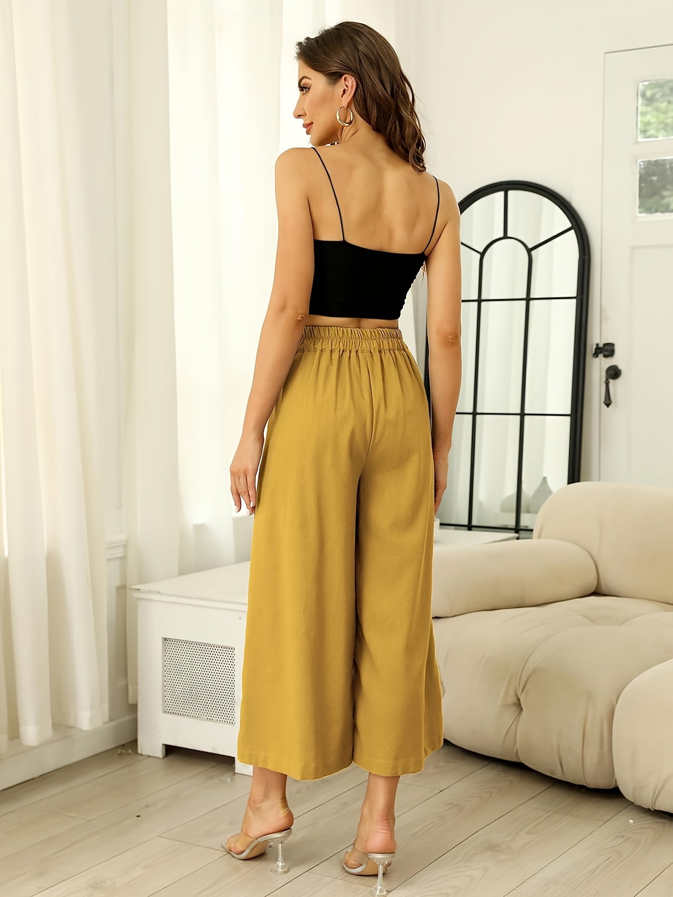 Women' Boho Linen Palazzo Wide Leg Pants - Elastic Capri Trousers with, 7/8 Length Culottes Suitable for Spring Summer Fall, Casual Solid Color Elastic Pants for Outfits & Casual Attire