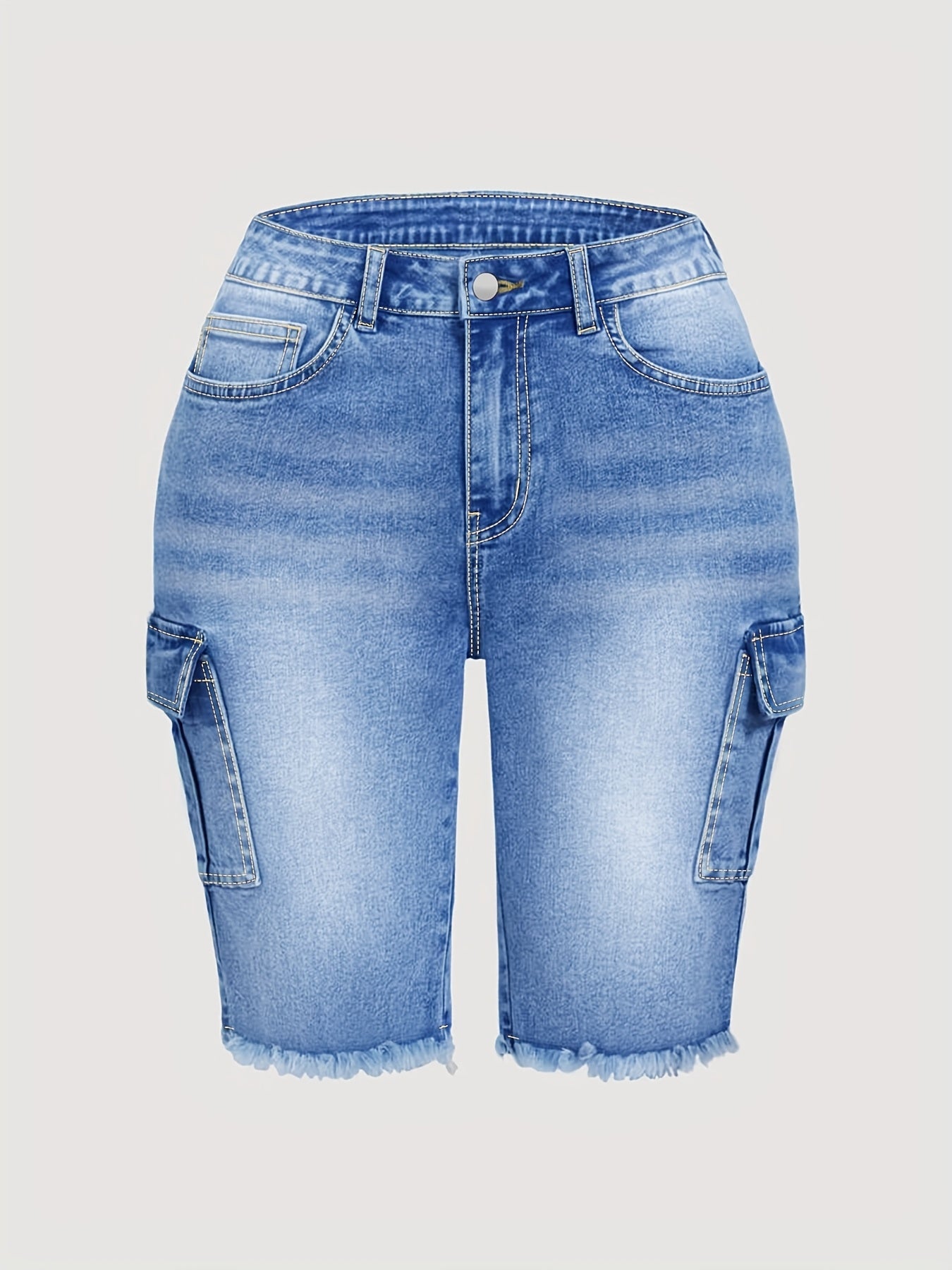 Plus Size Women's Black Denim Knee Length Shorts, High Waist Stretch Slim Fit, Side Flap Pockets, Frayed Hem, Casual Daily Wear, Machine Washable, Spring Summer Wear