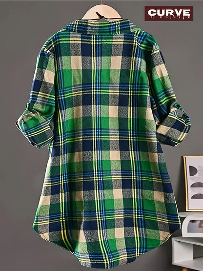 Plus Size, Large Size Spring Summer Women's Fashion New Daily Casual Plaid Long Sleeve Button Ladies Shirt