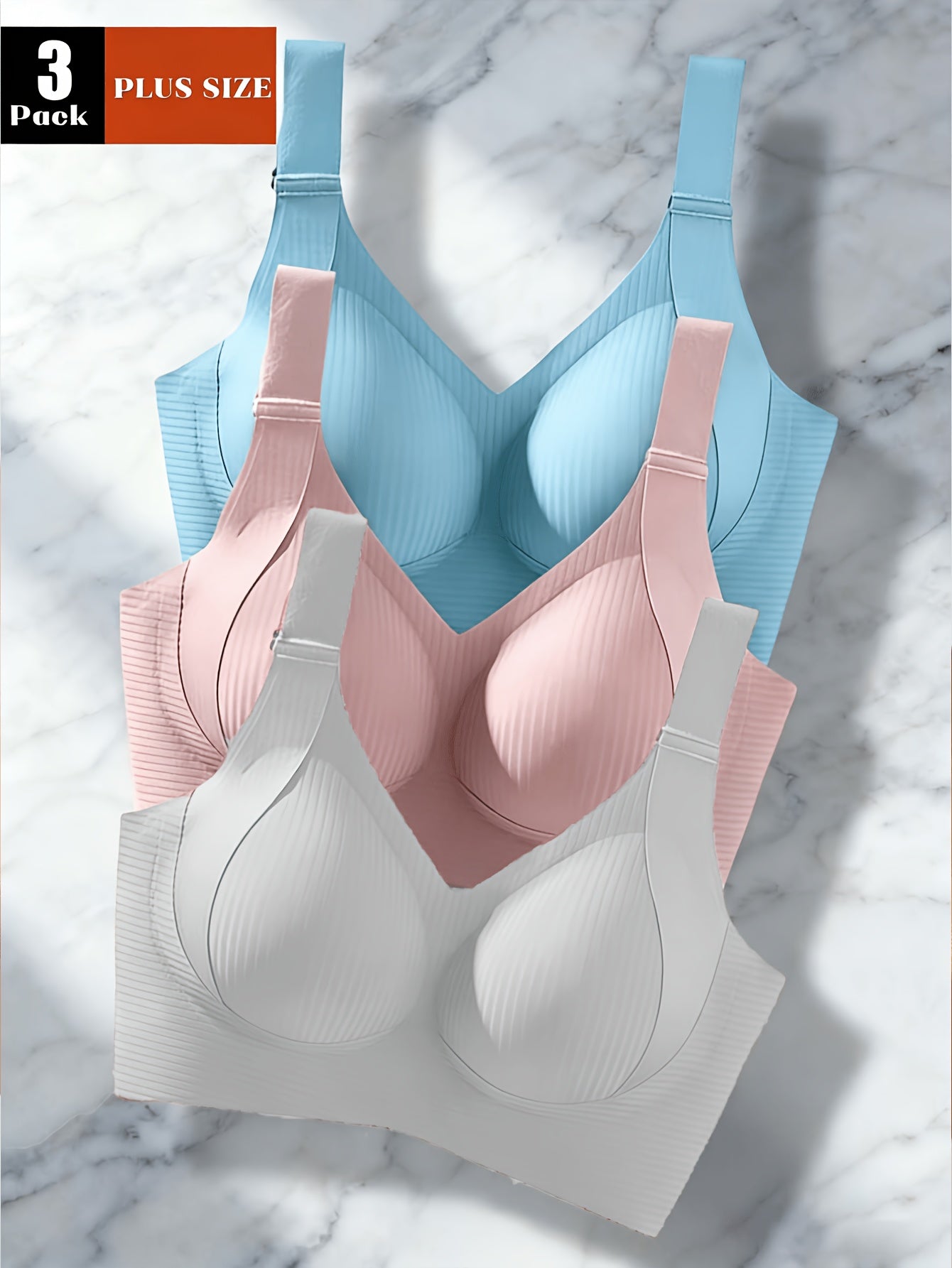 3pcs Plus-size Seamless Wireless Bras for Women, Lift And Support Full-coverage Bras, Make Large Breasts Appear Smaller, Elegant And Comfortable Gathering Bras, Adjustable Straps, Removable Pads (blue, Pink, White)