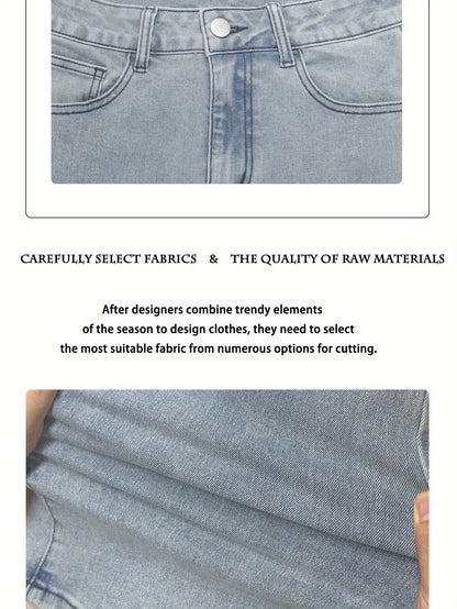 GILIPUR MH1025 Light Blue Retro High-Waist Stretch Straight Leg Women's Pants, Street Style Solid Color Long Pants with Pockets, All-Season Comfortable Stretch Fabric, Machine Washable
