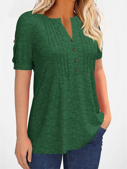 Casual Short-Sleeve Blouse for Women with a Solid Color, Featuring a Pleated Design, Buttoned V-Neck, And a Zipper