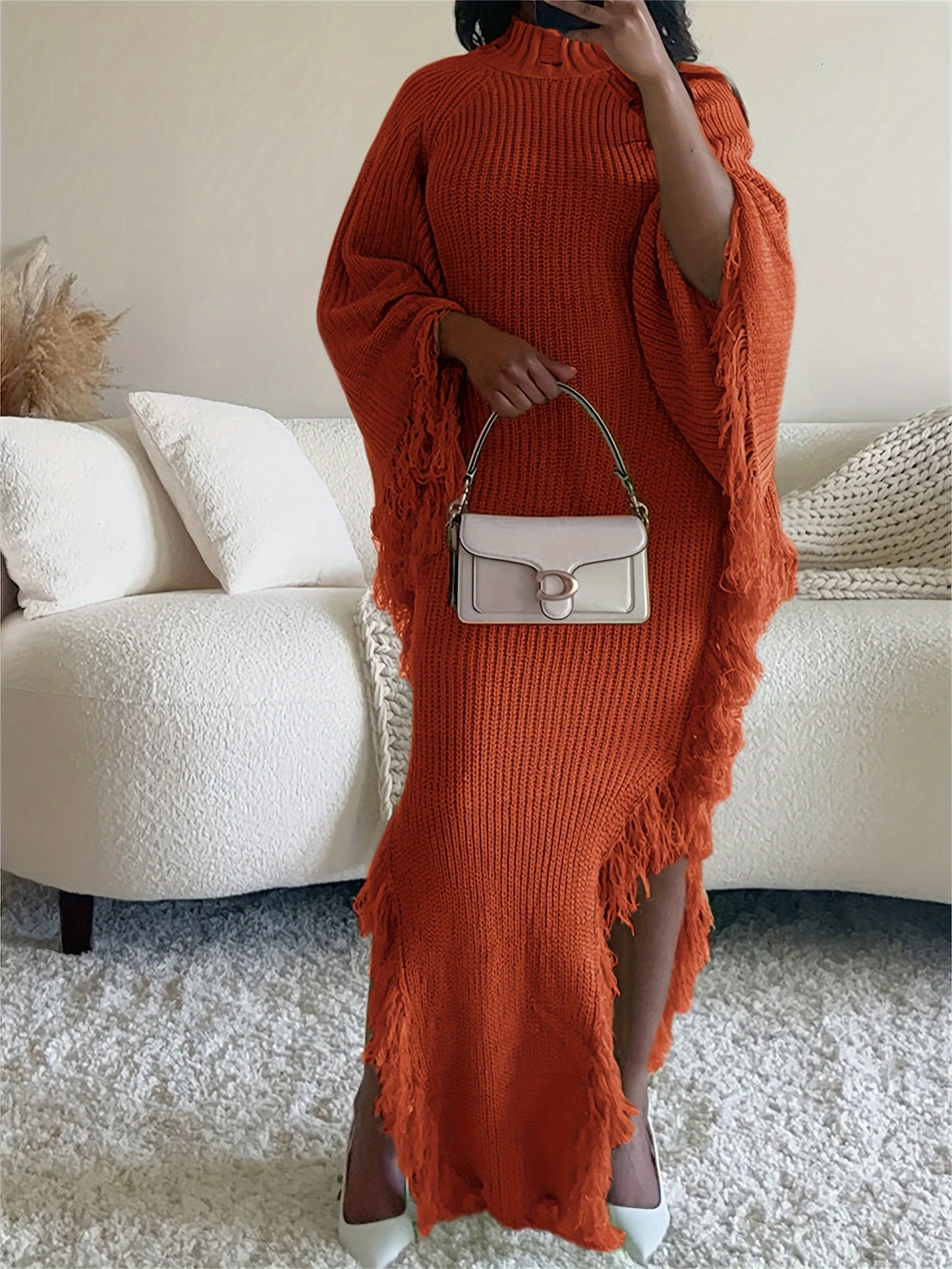 Gifts for Her, Fringe Trim Sweater Dress for Women, Batwing Long Sleeve High Neck Maxi Dress with Asymmetrical Hem, Sexy And Chic Style, for Fall Winter