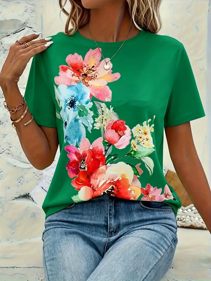 Plus Size, Women's Elegant Full-Body Floral Print T-Shirt - Short Sleeve Crew Neck Blouse, Plus Size Available, All-Season Casual & Dressy Outfits, Machine Washable Elegant Style Top