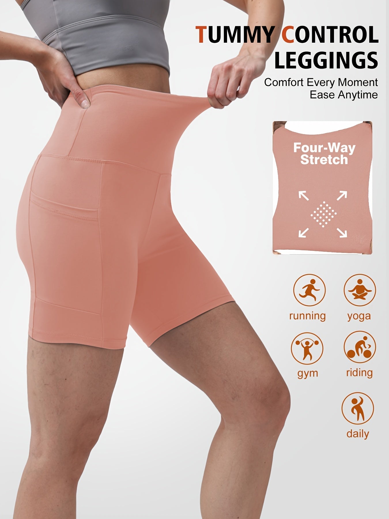 1pc Women's High-Waisted Yoga Shorts with Tummy Control & Pockets - Breathable Workout Gym Shorts, Tight-Fitting Low-Rise Athletic Pants for Summer, Gymnastics, Training (Black/Grey/Navy/Pink/ Brown) - Non-See-Through Quick-Dry