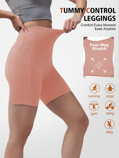 1pc Women's High-Waisted Yoga Shorts with Tummy Control & Pockets - Breathable Workout Gym Shorts, Tight-Fitting Low-Rise Athletic Pants for Summer, Gymnastics, Training (Black/Grey/Navy/Pink/ Brown) - Non-See-Through Quick-Dry