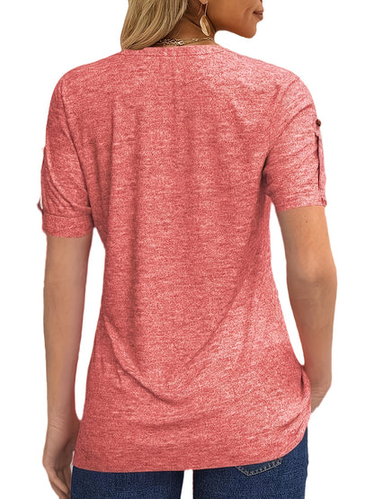 Casual Short-Sleeve T-Shirt for Women, Featuring a Pleated Design And V-Neck in Solid Colors, Perfect for Summer