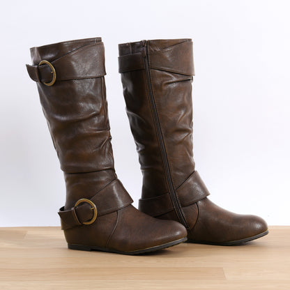 DREAM PAIRS Women's Wide Calf Knee High Boots, Fur-lined Low Hidden Wedge Boots