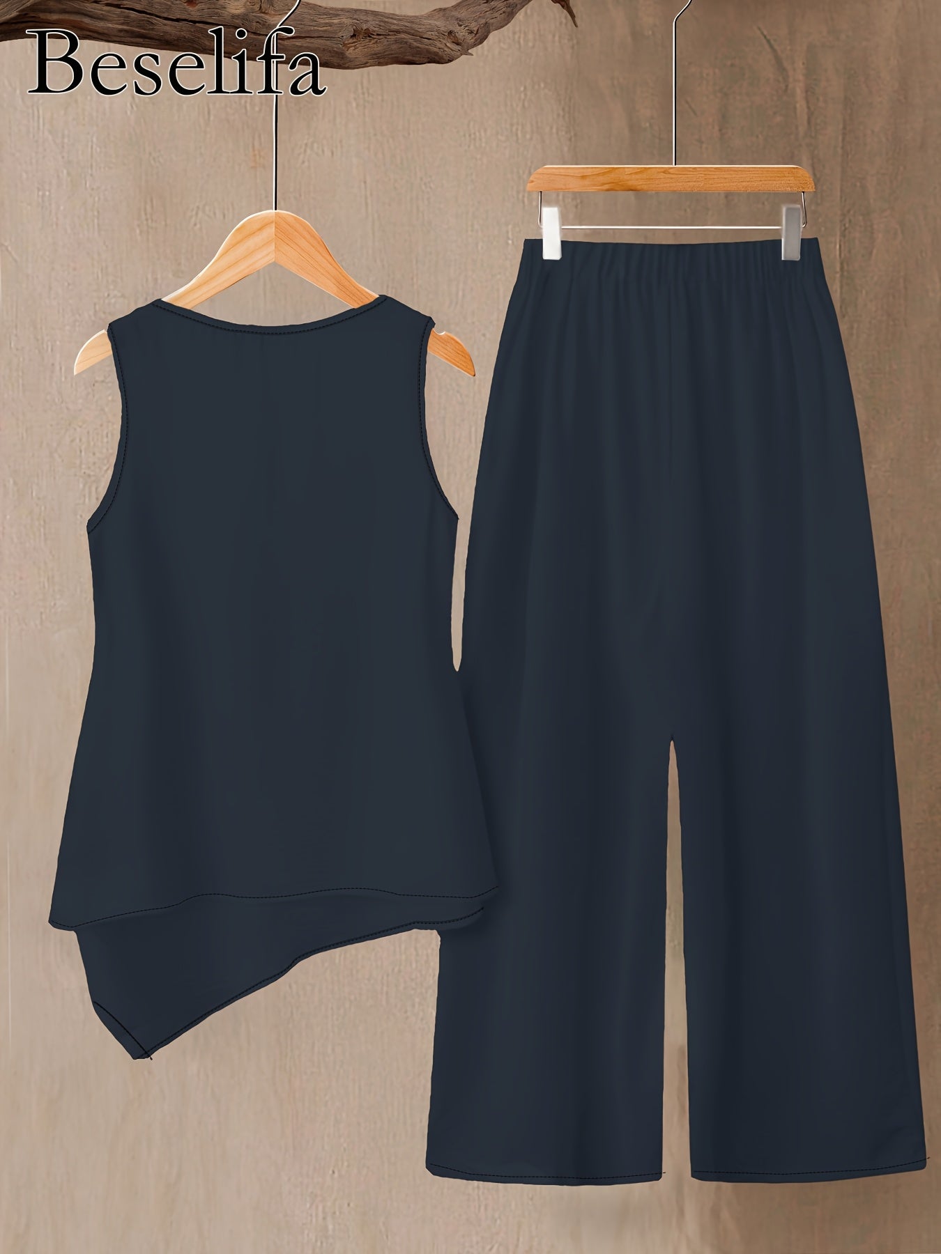 Spring and Summer Women's Casual Fashion Elegant Solid Color Round Neck Sleeveless Top Shirt and Pants 2pcs Set, for Outings and Vacations