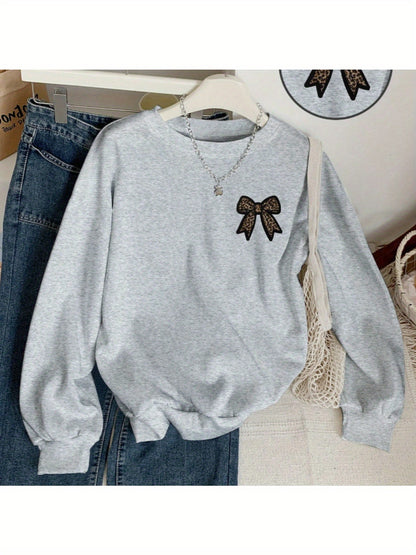 1pc Women'S Casual Crew Neck Sweater, Featuring a Minimalist Embroidered Bow, Long Sleeves, Perfect for Autumn And Winter, in a Grey Design