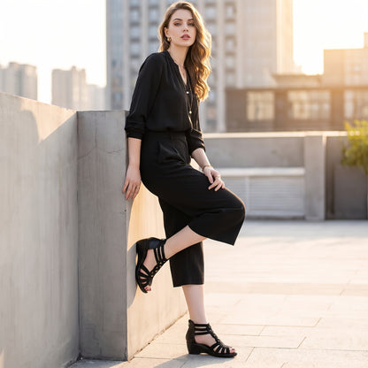 Summer 2025 Women's Chunky Gladiator Sandals | Cloud Comfort Footbed & Arch Support | Boho Strappy Design In Sizes US 6-10.5 (Euro 35-43) - Outdoor Beach to Street Shoes Black/Golden Women Shoes
