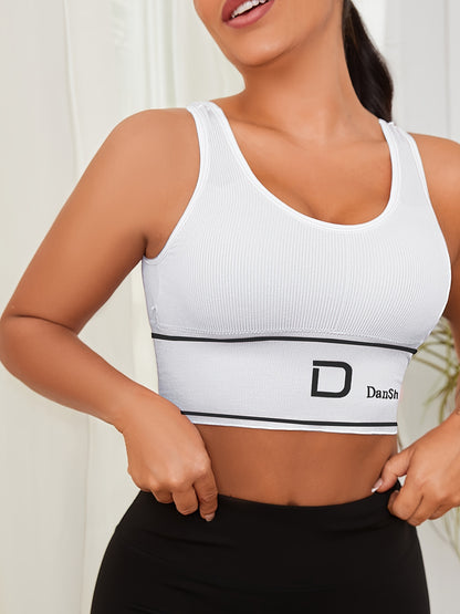 5pcs DanSheer Sports Bra- Wireless, Full Coverage, High Elasticity, Suitable for Yoga and Running, Breathable Nylon, Machine Washable, Various Colors, Featuring Fashionable "DANSHEER" Print, Sports Bra