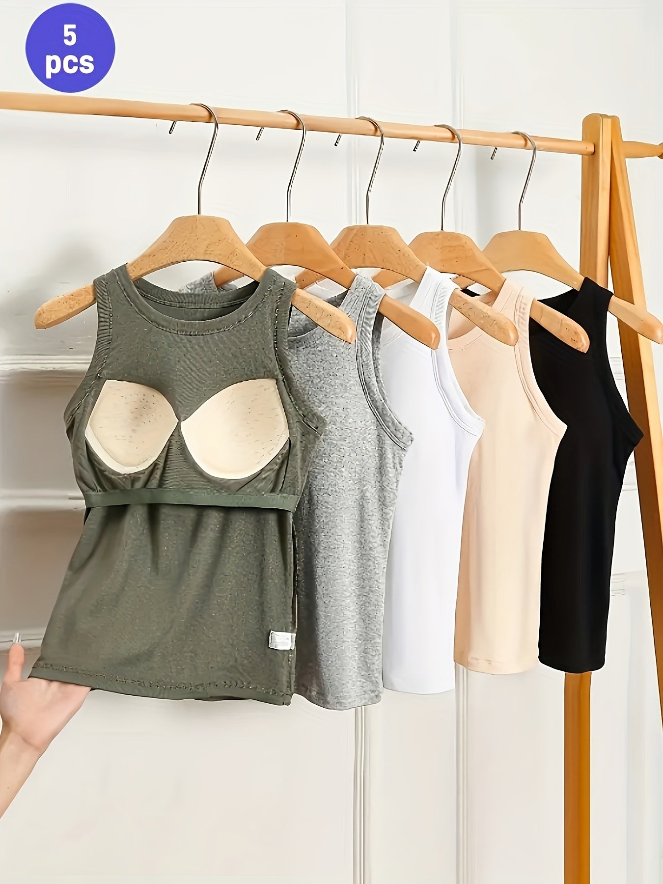 5pcs Women's Sleeveless Tank Tops with Built-In Bra Pads - Stretchy Viscose-Spandex Blend, Seamless Non-Removable Pads, Solid Colors Suitable for Home & Casual Wear, All-Season Layering Essentials, Opaque Blouses for Females