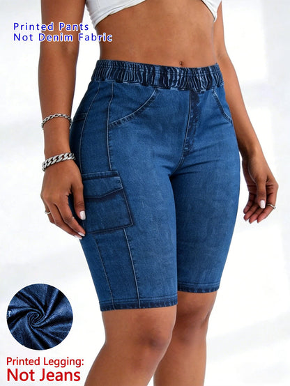 【imitation denim】Printed Pants- Non Denim Fabric 2026 Spring/Summer Hot Trend Non-Denim Base Tight Shorts with Full Elasticity, Retro Print, Suitable for Commuting and, Machine Washable