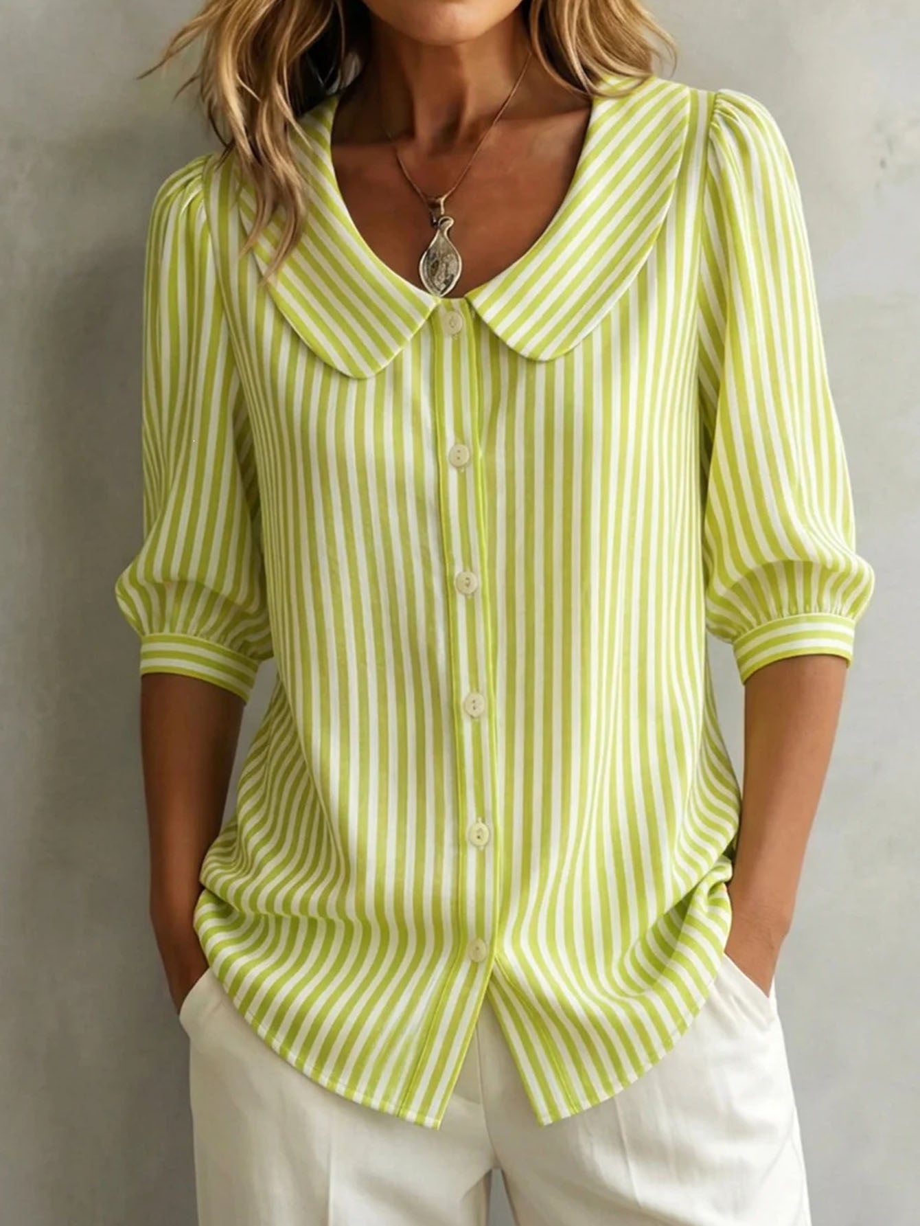 New Mid-Sleeve Striped V-Neck Shirt Top T-Shirt for Women